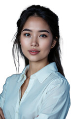 A white female executive in a modern white blouse, standing against a backdrop of illuminated data, international trade routes