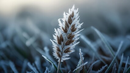 Obraz premium Frozen grass blade, frosted with ice crystals, detailed close-up