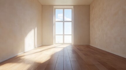 A simple, empty room with a big window and wood floor.
