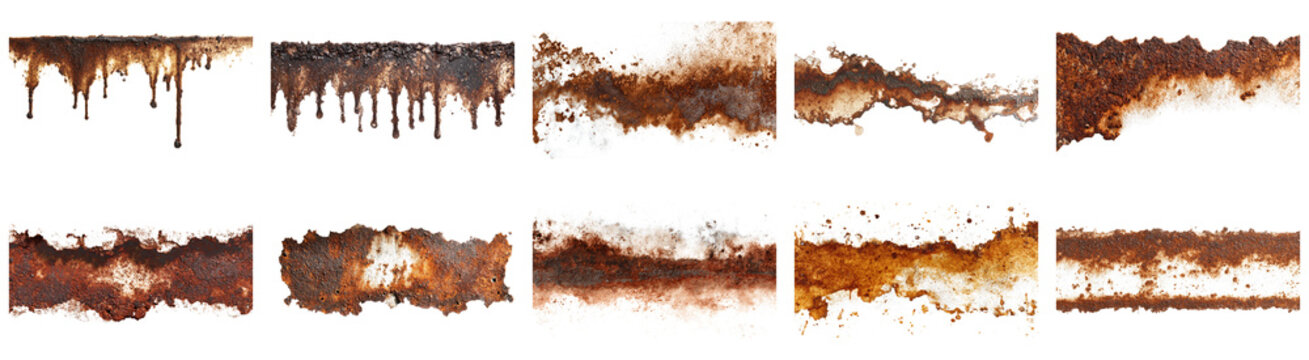 Explore a collection of rust stains on a white background. The images showcase various patterns and textures, perfect for design and artistic projects.