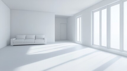 A simple, modern living room with Scandinavian style. The room is white and empty, designed with a minimalist Nordic feel.
