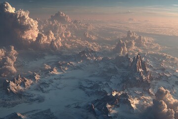 High-altitude view of snow-capped mountains, vast clouds
