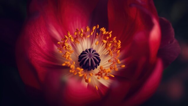 Close-up of a vibrant red poppy flower, showcasing its intricate center.  Deep crimson petals encircle a central cluster of golden stamens 