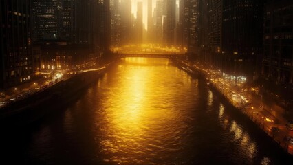 Golden hour cityscape over a river. Urban, vibrant, misty