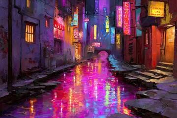Fototapeta premium Neon-lit alleyway reflects vibrant city lights in a canal