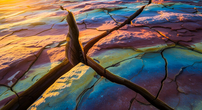 Fractured earth in radiant hues unveiling a surreal dreamscape of cracked textures and vibrant