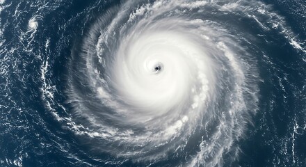 Satellite view of a powerful hurricane with a clear eye swirling over the deep blue ocean, a dramatic weather event.