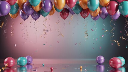 A vibrant party background with colorful balloons and falling confetti for celebrations.