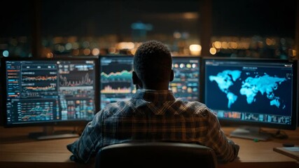 A person sits at a desk, facing three computer monitors displaying data visualizations. A city lights backdrop - Powered by Adobe