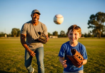 A father and son are playing baseball together in a grassy field on a sunny day, both smiling.