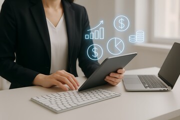 Businesswoman analyzing financial data on a tablet with holographic charts and graphs