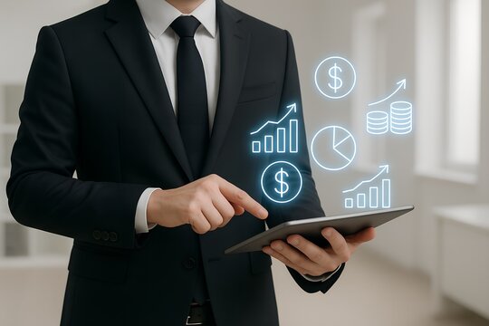Businessman using tablet with financial charts and graphs overlay