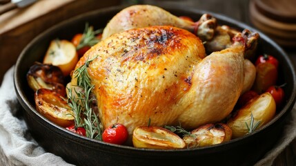 Whole roasted chicken with golden crispy skin served on rustic wooden table with fresh herbs, vegetables, and lemon slices, hearty homemade meal concept for festive dinner or family gathering
