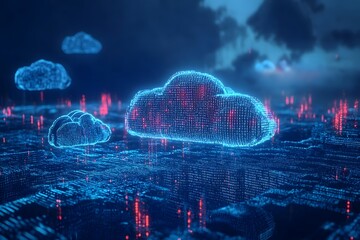 data clouds drifting above geometric landscapes, binary code flowing like water, clean digital concept 
