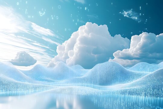 data clouds drifting above geometric landscapes, binary code flowing like water, clean digital concept 
