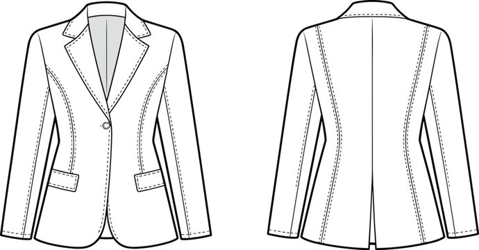 Women's tailored blazer jacket flat sketch, front and back view, vector CAD drawing, formal fashion design, stylish outerwear illustration