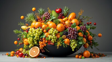 Photo of a bountiful arrangement of fresh, colorful fruits fills a dark bowl on a table
