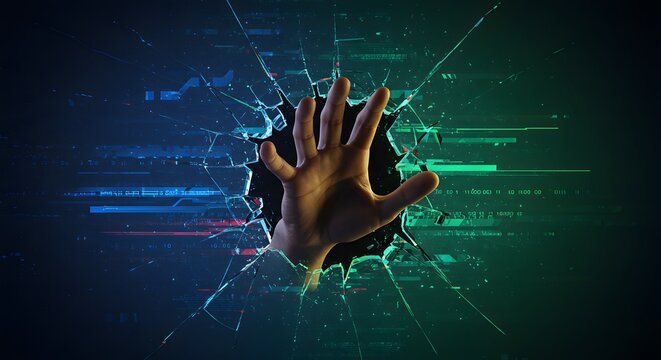 A hand reaching through shattered glass against a backdrop of abstract digital patterns in green and blue.