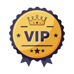 Golden vip award badge with crown and ribbon for exclusive access and special recognition