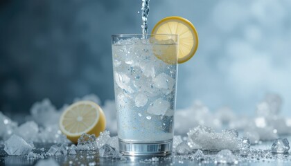 Tall glass of sparkling water with ice and lemon slice being poured drink