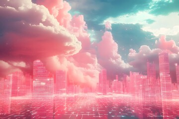 data clouds drifting above geometric landscapes, binary code flowing like water, clean digital concept 
