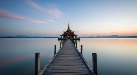 Obraz premium Wooden pathway to a temple surrounded by a calm lake at sunset. Serene landscape and peaceful vibes.