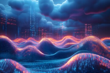data clouds drifting above geometric landscapes, binary code flowing like water, clean digital concept 
