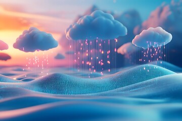 data clouds drifting above geometric landscapes, binary code flowing like water, clean digital concept 
