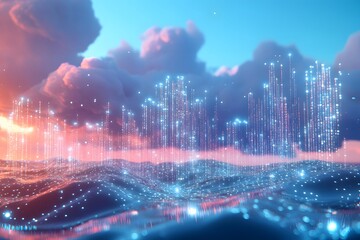 data clouds drifting above geometric landscapes, binary code flowing like water, clean digital concept 
