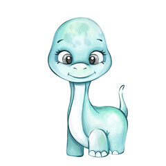 Watercolor baby dinosaur with tropical leaves. Diplodocus Clipart for babyshower, nursery, decor, stickers, prints with historical animals