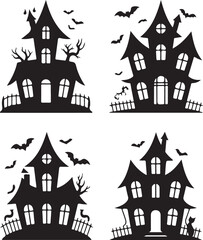 A collection of spooky haunted house silhouettes. Vector graphic set of creepy gothic mansions for Halloween.