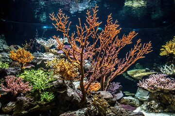 Vibrant coral reef ecosystem in aquarium.  Colorful coral branches, various shapes and hues,  on a rocky underwater landscape