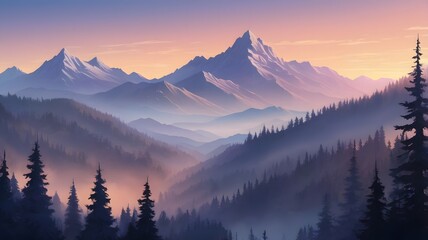 Ethereal Sunrise Mountain Range with Layered Silhouettes and Warm Sky