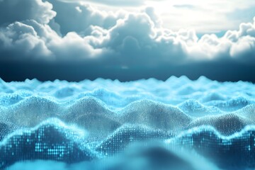data clouds drifting above geometric landscapes, binary code flowing like water, clean digital concept 
