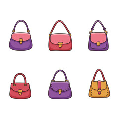 Collection of six colorful fashion handbags with different styles and colors arranged in two rows