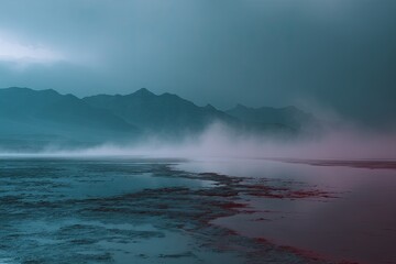 Naklejka premium Misty, moody landscape with muted colors. Distant, hazy mountains rise above a still body of water shrouded in vapor