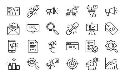 24 SEO and Digital Marketing Line Icons Vector Icon Set for Link Building, Keyword Ranking, Analytics, Campaign Strategy, Funnel Conversion, and Online Promotion