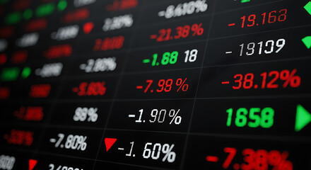 Close-up of a stock market data screen displaying negative percentages and falling numbers, indicating a market downturn.