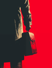 Mysterious Man in Suit Holding Briefcase on Bold Red Background