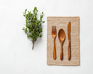 Delicate wooden cutlery set woven placemat with green foliage minimalist table setting natural home decor eco friendly dining