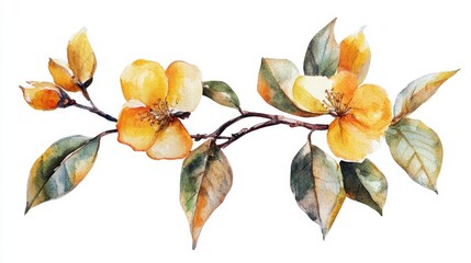 Stunning watercolor artwork featuring delicate yellow flowers and lush green leaves on a branch. Perfect for nature-themed decor and designs.
