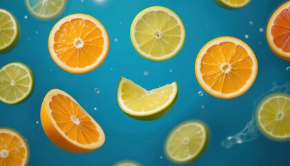 Sliced oranges and limes floating in blue water with bubbles citrus fruit