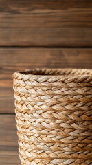Obraz premium Close up of woven water hyacinth basket with wooden background, showcasing detailed craftsmanship and natural texture