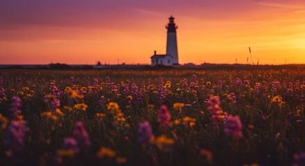 Scenic sunset illuminates a lighthouse overlooking a field of wildflowers, exuding tranquility and natural beauty.