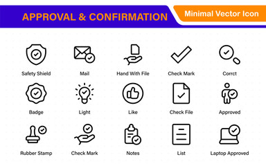 Approval and Confirmation minimal thin line icons. Related accept, certified, agreements, validation, confirmation.