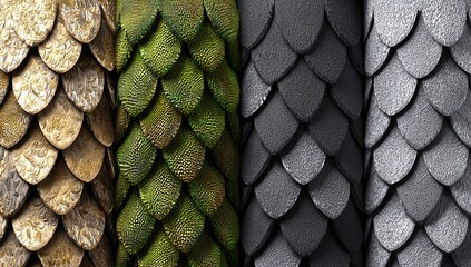 Close-up of three columns of overlapping dragon scales