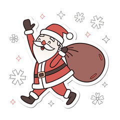  A jolly Santa Claus waving while holding a big red sack of gifts, wearing his classic red outfit with a cheerful expression.