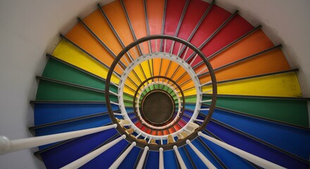Colorful spiral staircase from a bird's eye view, descending into darkness, artistic and eye-catching.