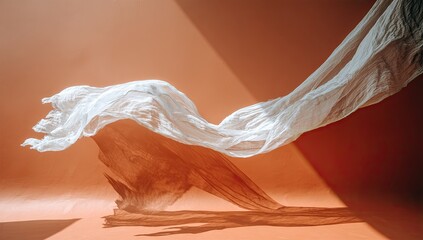 A flowing white fabric against a peach background, sunlit