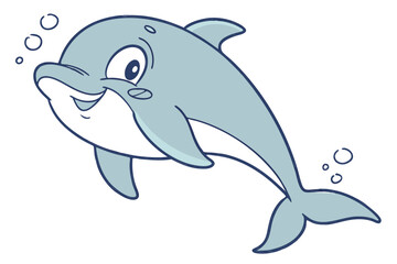 Fototapeta premium Cartoon dolphin vector art, cute and playful, minimal flat design, soft blue tone, white background
